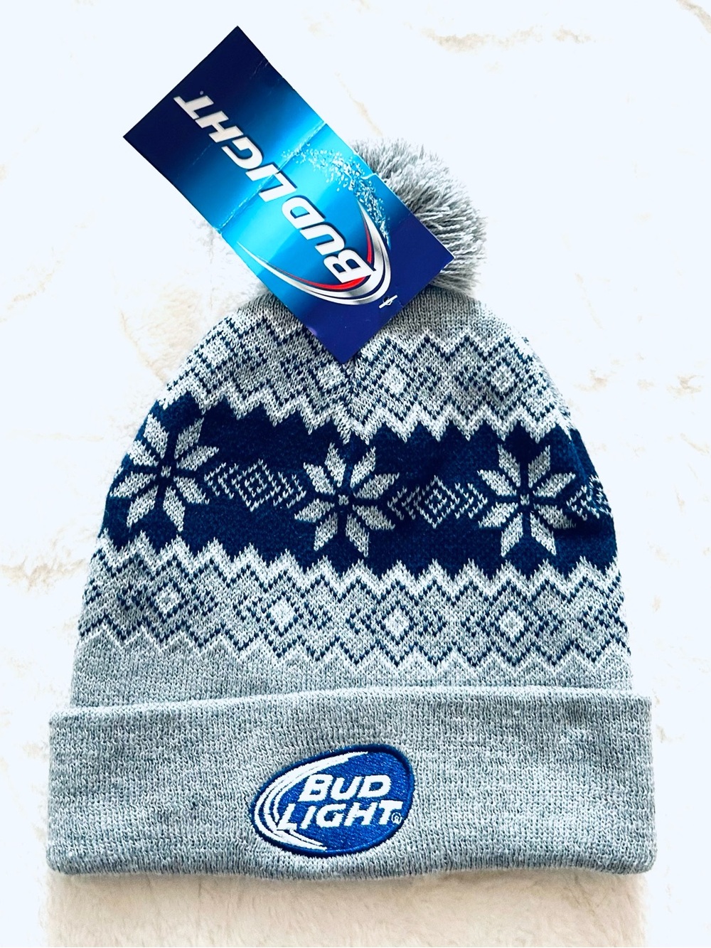 NWT Bud Light Beer Snowflakes Knit Cuff Pom Beanie